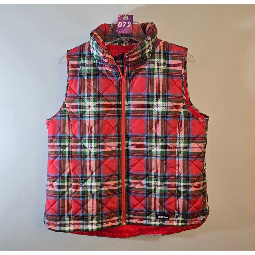 Lands' End Womens Vest Red Plaid Quilted Puffer Full Zip Up Holiday Preppy Sz M